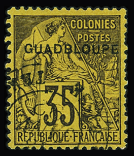N°23b 35c violet noir s. jaune, variété surchargé GUADBLOUPE,