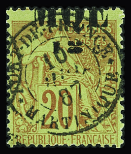 N°2d 15c s. 20c brique s. vert, belle variété surcharge