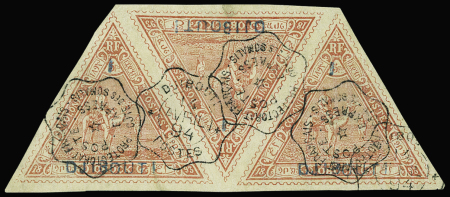 N°4 1 s. 5f rouge, en bande de trois, obl., TTB. et