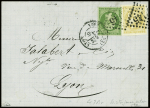 N°43Bc 10c bistre-jaune citron et N°20 5c obl. GC 2145 s. LAC, càd LYON LES TERREAUX 10/9/71, nuance certifiée JF.Brun, TTB