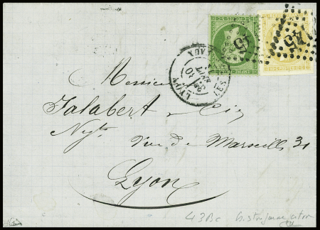 N°43Bc 10c bistre-jaune citron et N°20 5c obl. GC 2145 s. LAC, càd LYON LES TERREAUX 10/9/71, nuance certifiée JF.Brun, TTB