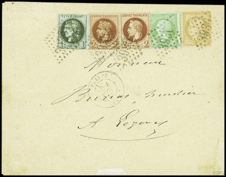 N°20, 26 (2 nuances), 39A et 59 obl. GC 3936 s. Env., càd T17 THIERS 4/8/72, joli QUADRICOLORE de 4 EMISSIONS, RR, TTB. Signé Calves