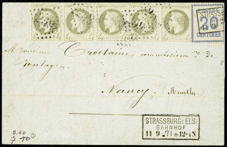 Affranchissements Mixtes avec France N°6 20c bleu obl. STRASSBURG i. ELS/BAHNHOF/11.9.71, MIXTE avec France N°27 BANDE de 5 obl. GC 2598, arr. NANCY 12/9, TB