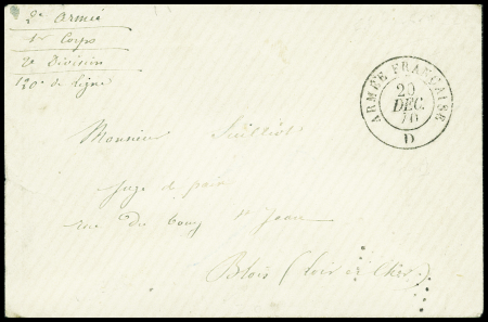 Càd ARMEE FRANCAISE D 20/12/70 s. Env. en franchise pour BLOIS zone OCCUPEE, griffe 2e Armée 1er Corps 2e Division, 120e de Ligne, TB. LE LAVOISIER