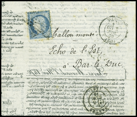 N°37 obl. ETOILE s. Corresp. HAVAS, càd PARIS 2/11/70, passage NANTES 5/11 pour BAR-LE-DUC zone OCCUPEE, TTB. LE FERDINAND FLOCON