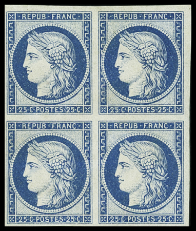 N°60Ac 25c bleu laiteux, REIMPRESSION Granet, BLOC de 4, neuf*, TTB