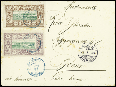 N°10 10c brun-lilas et vert (2), obl. DJIBOUTI 27/1/99 s. Env., càd HARAR (Ethiopie) 22/1 et arr. BERNE, TB