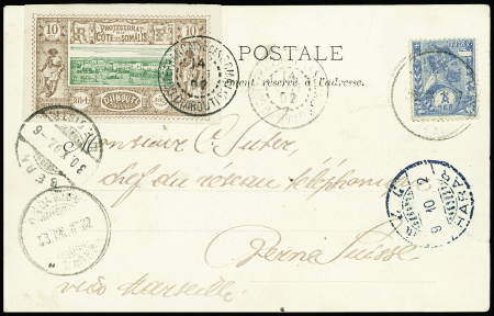 N°10 10c brun-lilas et vert, obl. DJIBOUTI 14/10/02 s. CP affr. 1g. bleu d'ETHIOPIE obl. ADDIS ABEBA 23/9, passage HARAR 9/10 et arr. BERN 30/10, TB