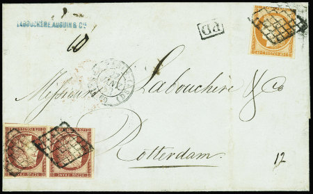 N°5 et 6, 40c. orange et 1f. carmin PAIRE, obl. GRILLE s. LSC, càd PARIS 27/1/52, arr. ROTTERDAM 29/1, les t. ont des défauts mais pièce très plaisante pour une destination peu courante