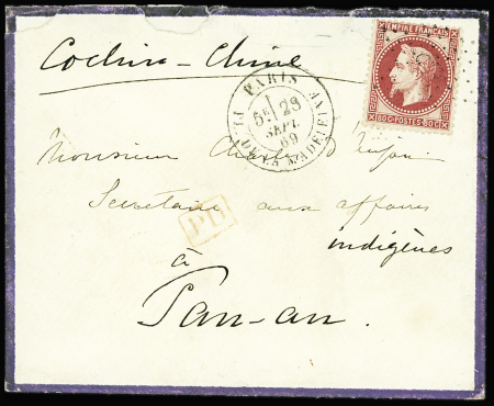 N°32 obl. Etoile 3 s. Env., càd Pl. de la Madeleine 28/9/69 pour PAN-AN COCHINCHINE, destination RR, TB