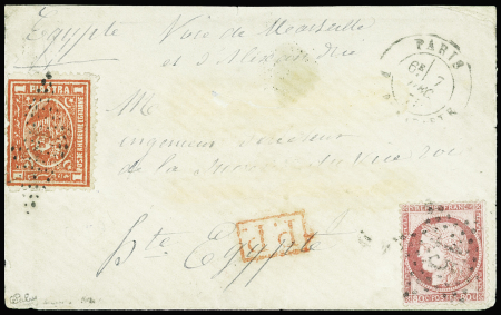 N°57 obl. Etoile 15 s. Env., càd R. Bonaparte 7/12/71, MIXTE avec 1p. rouge d'EGYPTE, arr. ALEXANDRIE 16/12 et cachet partiel POSTE (EGIZIANE), TB
