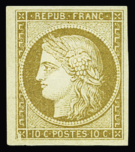 N°1 10c bistre-jaune, neuf *, inf. pelurage, sinon très belles marges et TTB. Signé Calves