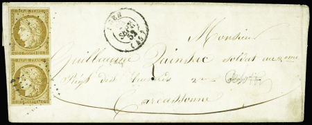 N°1 10c bistre-jaune PAIRE, un ex. petit pli d'archive, obl. s. Env., càd T15 AGEN 29/9/52, tarif militaire pour un soldat au 2e Régt des Hussards à CARCASSONNE 29/9, TB