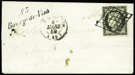 N°3c 20c GRIS-NOIR, obl. GRILLE s. LSC, càd T15 MOISSAC et Cursive 85/BOURG-DE-VISA, TB, certif. Calves