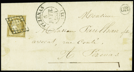 N°1b 10c bistre-VERDATRE, obl. GRILLE s. LSC, càd T13 PEZENAS 6/2/51 et OR, TTB