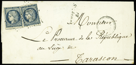 N°4 25c bleu (2) obl. PC 3018 s. LSC, Cursive 12/St CHAMAS et dateur B 3/(9/52), DOUBLE PORT, TB