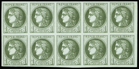 N°39A 1c olive, R I, BLOC de 10, fraîcheur postale, neuf **, TTB