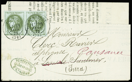 N°39C 1c olive, R III, PAIRE obl. càd T17 SENNECEY 28/1/73 s. Avertissement sous bande, arr. LONS le SAUNIER 29/1 et redirigé vers COUSANCE-DE-JURA 29/1, TTB