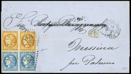 N°48l 40c orange, 4 LARGE pseudo retouché tenant à normal et N°46B PAIRE, obl. GC 5083 s. LSC, càd CONSTANTINOPLE 19/7/71, arr. MESSINA, des déf. sur les timbres mais combinaison RR et plaisante. C