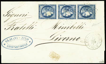 N°45Cf 20c bleu-VERDATRE foncé, T II, R III, BANDE de 3 verticale obl. GC 5083 s. LSC, càd CONSTANTINOPLE 15/2/71, passage MESSINA 19/2 et arr. LIVORNO 22/2, combinaison Superbe