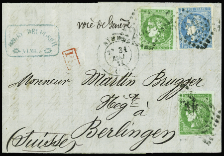 N°42B et 46B, 5c vert R II Pos. 14 et 9 et 20c bleu T III R II Pos. 8, obl. GC 2659 s. LAC, càd T17 NIMES 31/5/71, arr. BERLINGEN Suisse, TB
