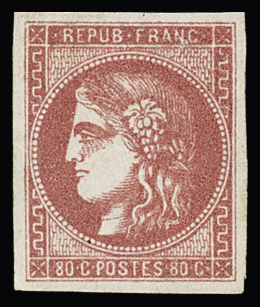 N°49d 80c GROSEILLE, très belles marges régulières, neuf *, nuance certifiée Calves, certif. Roumet, TB