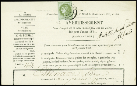 N°39C 1c olive, R III, obl. càd T17 BORDEAUX 5/8/71 SEUL s. Avertissement, TB. Signé JF.Brun