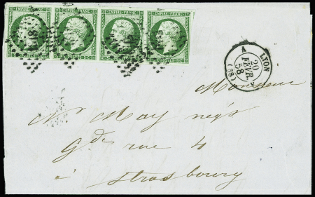 N°12c 5c vert FONCE s. VERT, BANDE de 4 obl. PC 1818 s. LAC, càd LYON 20/2/58, superbe nuance, TTB