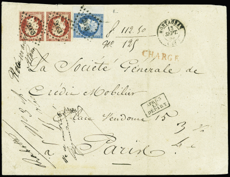 N°14A et 17A, 20c bleu bdf et 80c carmin PAIRE touchée, obl. PC 2063 s. Env. CHARGE 4e échelon, càd T15 MONTAUBAN 13/9/58, combinaison Rare et TB