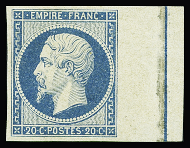 N°14Ai 20c bleu T I, bdf avec FILET d'ENCADREMENT, neuf **, pli vertical sur le bdf, mais jolie pièce néanmoins et TB. Signé Calves