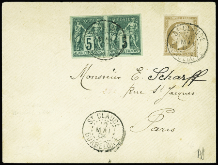 Essai de France N°14B 20c brun et Col. Gen. 5c vert PAIRE, tous obl. càd St CLAUDE GUADELOUPE 10/5/03 s. Env. pour Paris, passage BASSE TERRE, RR utilisation d'ESSAIS de France aux Colonies Françaises, TB