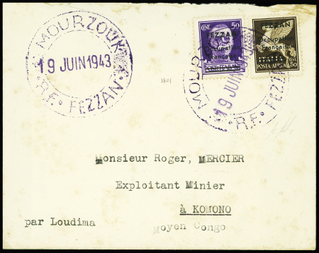 N°1 et PA N°1 50c violet et 50c sépia obl. grand càd violet MOURZOUK FEZZAN 19/6/43 s. Env. (qqs rouss.) pour Komono Congo, RR, TB