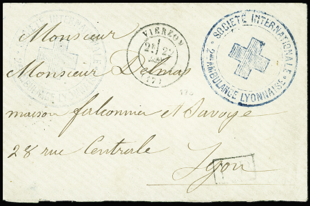 Càd T17 VIERZON 22/12/_, cachet bleu SOCIETE INTERNATIONALE 2ème AMBULANCE LYONNAISE, PP encadré, sur Env., arr. LYON, TB