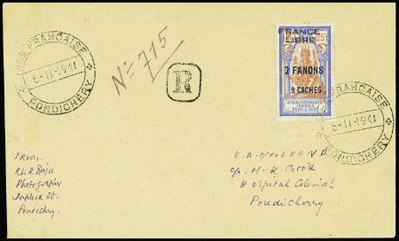 N°131 2fa9ca s. 25c outremer, FRANCE LIBRE, obl. PONDICHERY 6/11/41 s. Env. Rec., TTB