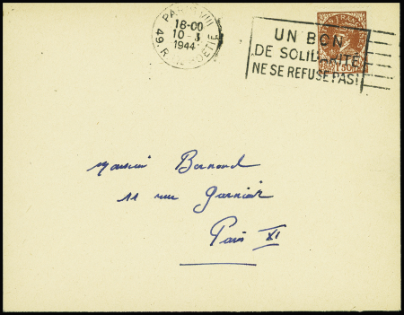 NICE DE GAULLE N°2 1f50 brun foncé, obl. méc. PARIS VIII 10/3/44 s. Env., TB