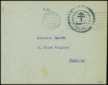 POITIERS Càd Poitiers RP 8/12/44 s. Env. FM, cachet censure FFI VIENNE, R et TB, signé Mayer