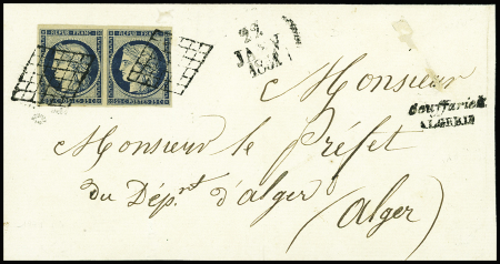 N°4 PAIRE très jolie nuance, obl. GRILLE s. devant avec rabat, Cursive BOUFFARICK/ALGERIE, ind. 32, Dateur 22/1/51 et arr. ALGER 22/1, double port, frappes TTB