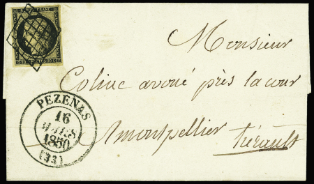 N°3g noir s. CHAMOIS TRES FONCE, obl. GRILLE s. LSC,