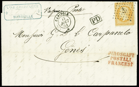 N°23 obl. ANCRE s. LAC de Marseille 10/8, càd CAPITOLE 11/8/64, griffe PIROSCAFI/POSTALI/FRANCESI et arr. GENOVA 12/8, Superbe