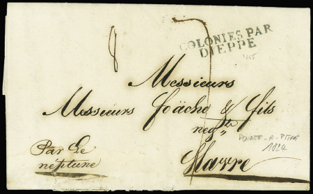 MP COLONIES PAR/DIEPPE s. LAC de la Guadeloupe 1824, pour Le Havre, TB