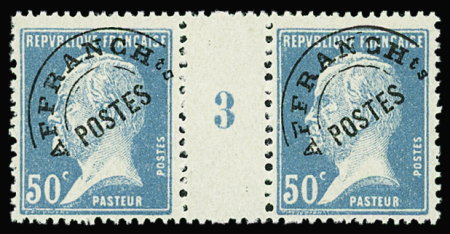 N°68 Pasteur, 50c bleu, PAIRE Mill.3, neuf **, TB