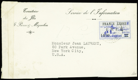 N°277 1f50 sur 90c. outremer, FRANCE LIBRE F.N.F.L. obl. s. Env. Territoire des Iles pour NEW-YORK avec censure US, 1942, TB