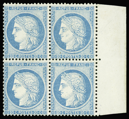N°37 20c bleu, BLOC de 4 bdf, neuf **, 1 ex. légère adhérence, frais, TB/TTB