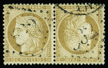 N°36b 10c bistre-jaune, paire TETE BECHE, restaurée, obl. GC 532 et càd, aspect TB