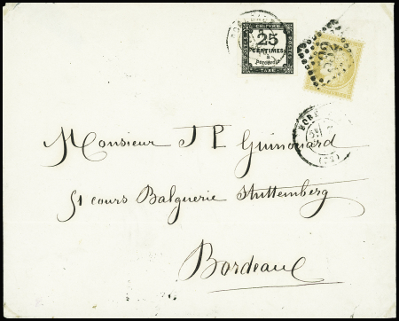 N°5A 25c noir, T II, obl. càd BORDEAUX 7/3/73 s. Env. affranchie à 15c. Port simple pesant + de 10 g, Taxée en port dû au 2ème échelon, soit 40c. moins la valeur du timbre, donc taxe finale 25c., TB