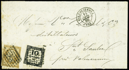 N°2A 10c noir Typo T II, obl. PC 3472 s. LAC locale affr. N°13A obl. PC 3472, càd T15 VALENCIENNES 14/10/60, RR et TB