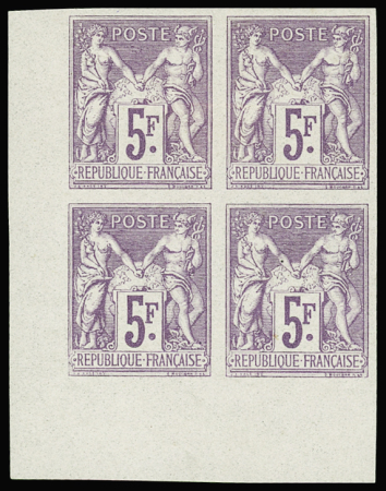 N°95e 5f violet sur lilas, BLOC de 4 cdf, NON DENTELE, neuf **, la paire sup. est *, très frais et TB