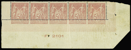 N°98 50c rose, BANDE de 5 bas de feuille F2101 avec PIQUAGE à CHEVAL, neuf **, forte adh. sur le 5e t. mais néanmoins très spectaculaire et TTB
