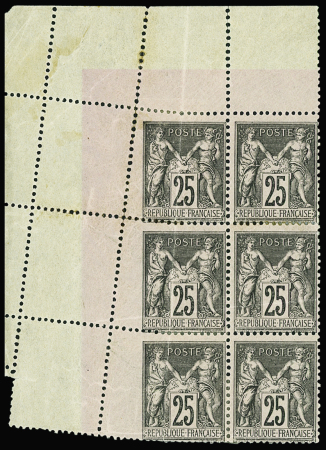 N°97 25c noir sur rose, BLOC de 6 avec spectaculaire VARIETE de PIQUAGE en cdf, neuf *, TTB