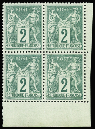 N°74 2c vert, BLOC de 4 cdf, bon centrage, frais, neuf **, TTB/Superbe